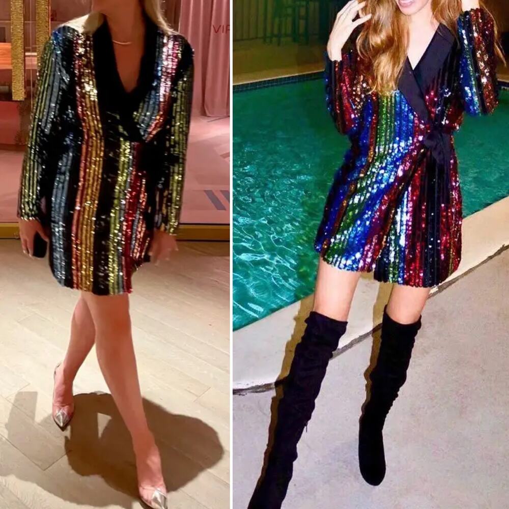 NWT RAGA Charlize Rainbow Multicolor Sequin Blazer Wrap Mini Dress Small